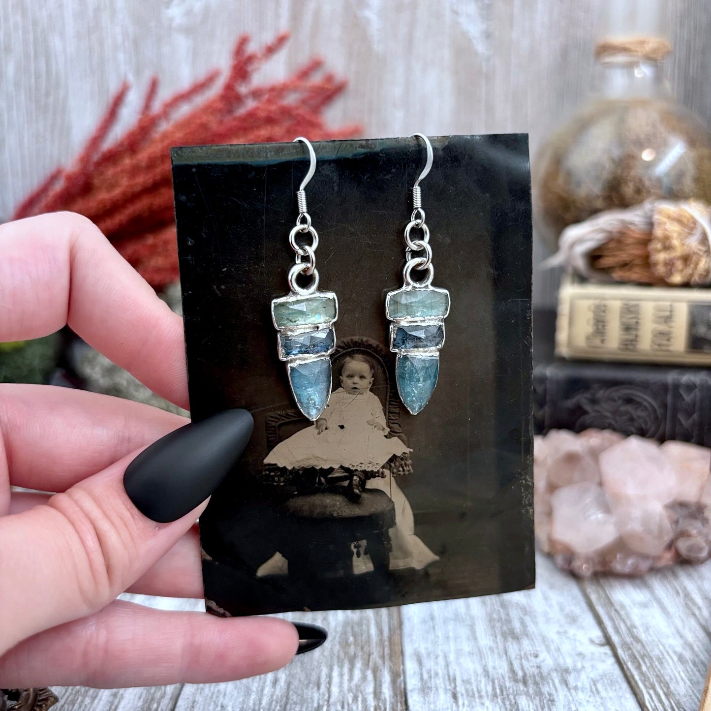 Multistone Blue Kyanite Fine Silver Crystal Earrings / Long Dangle Witchy Earrings