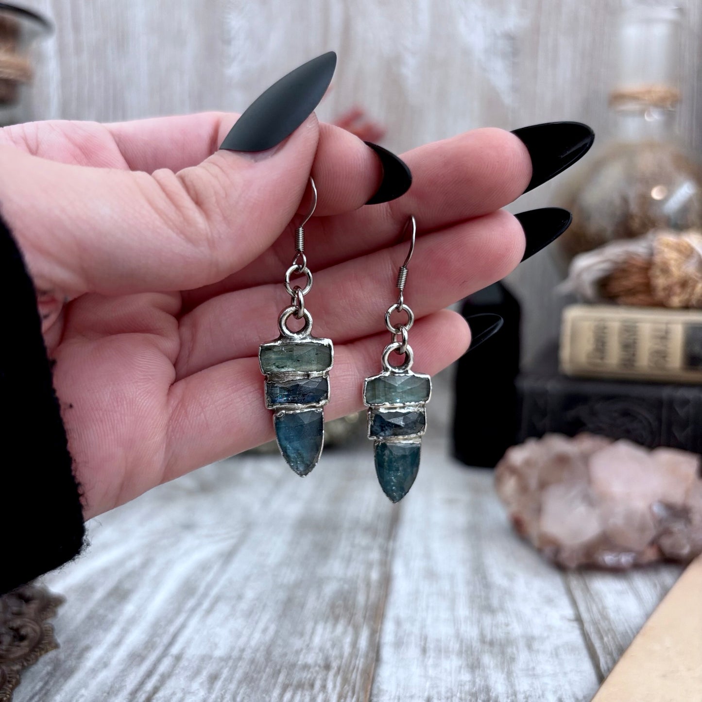 Multistone Blue Kyanite Fine Silver Crystal Earrings / Long Dangle Witchy Earrings