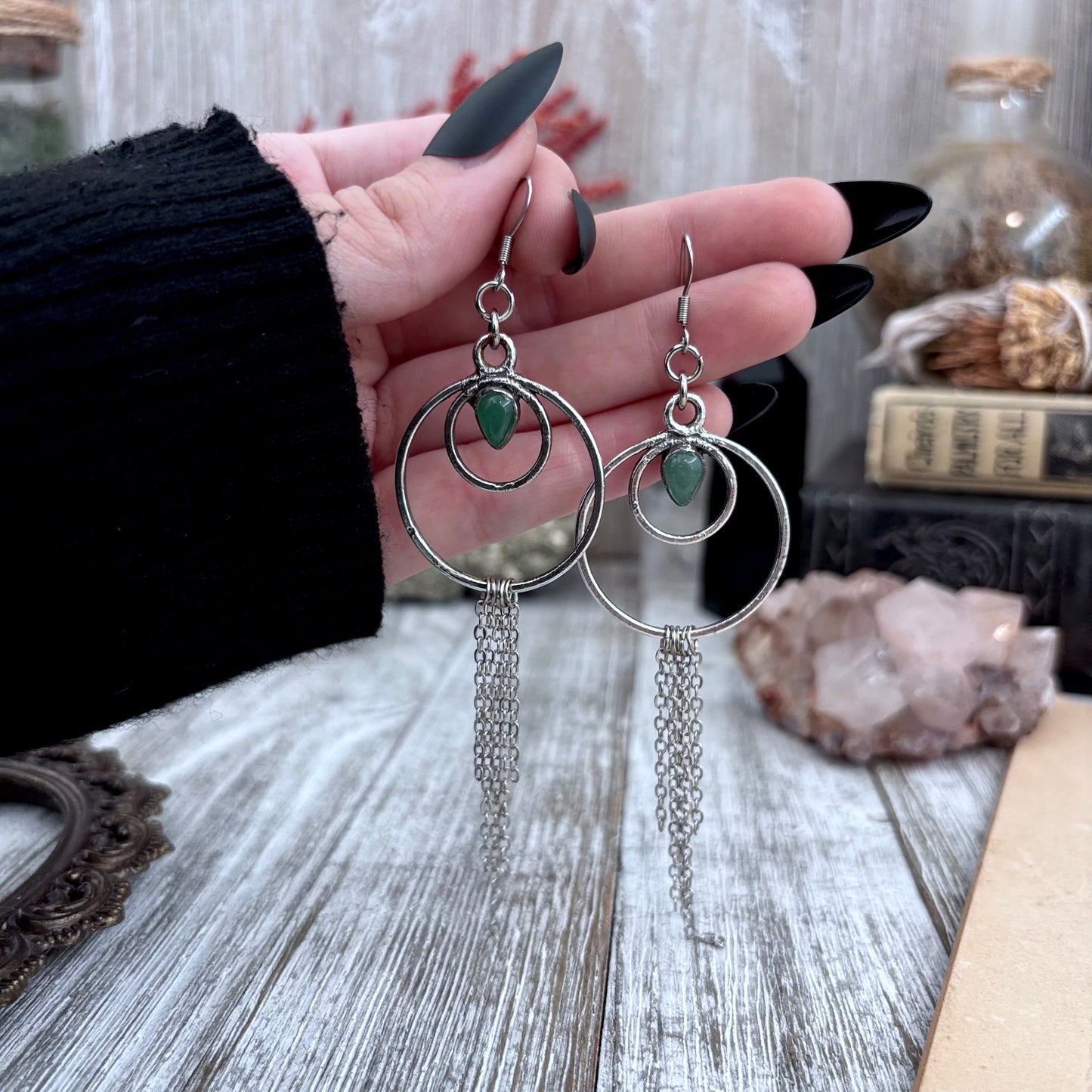 Aventurine Hoop And Fringe Fine Silver Crystal  Earrings / Long Dangle Witchy Earrings