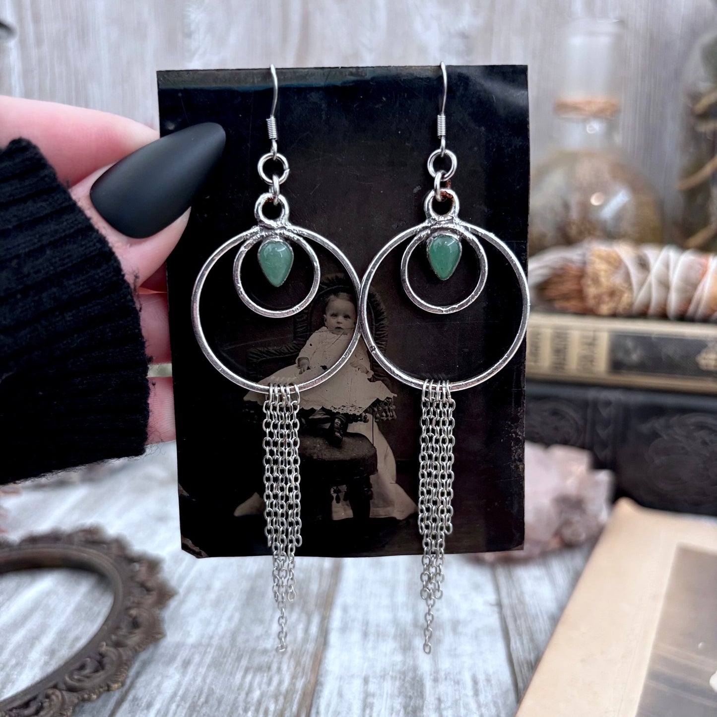 Aventurine Hoop And Fringe Fine Silver Crystal  Earrings / Long Dangle Witchy Earrings