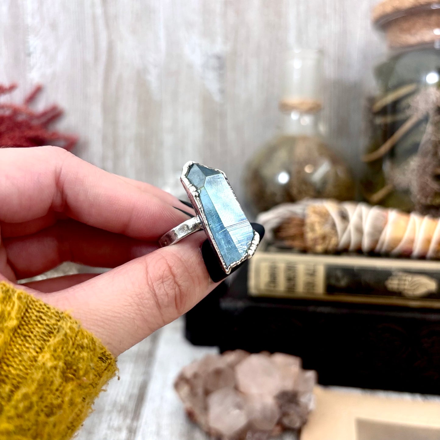 Aqua Aura Quartz Crystal Ring Set in Fine Silver Size 7 / Foxlark Collection - One of a Kind