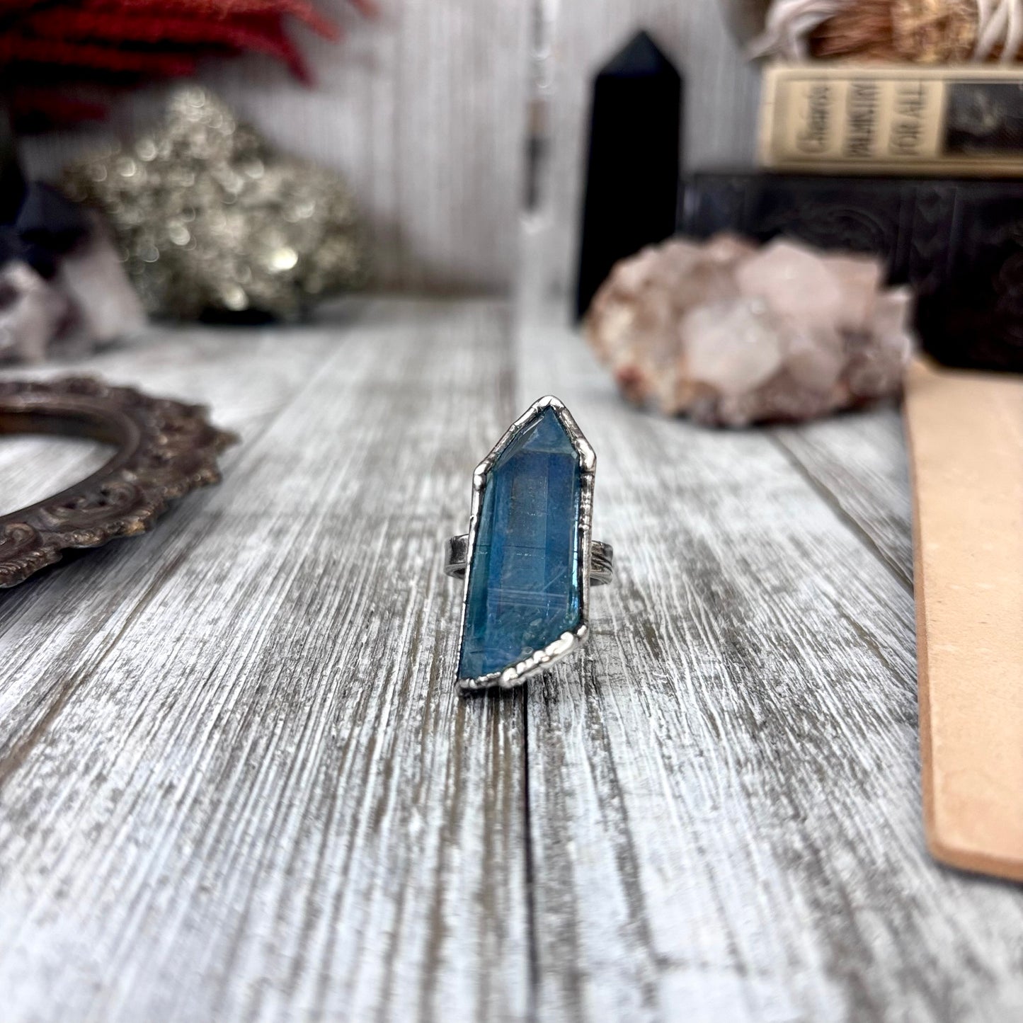 Aqua Aura Quartz Crystal Ring Set in Fine Silver Size 7 / Foxlark Collection - One of a Kind