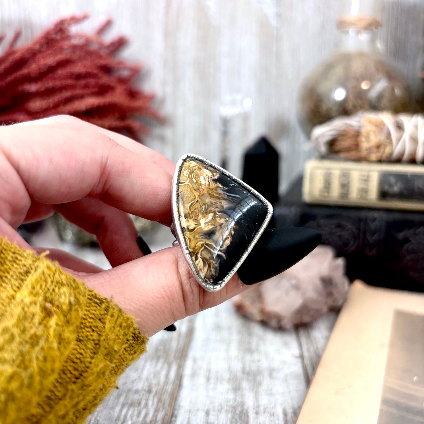 Fossilized Palm Root Crystal Ring Fine Silver Size 9 / Foxlark Collection - One of a Kind