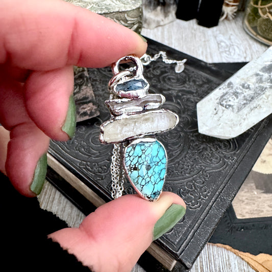 Multi Stone Blue Kyanite Raw Clear Quartz Turquoise Necklace Silver / Foxlark Collection