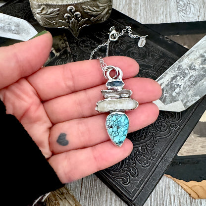 Multi Stone Blue Kyanite Raw Clear Quartz Turquoise Necklace Silver / Foxlark Collection