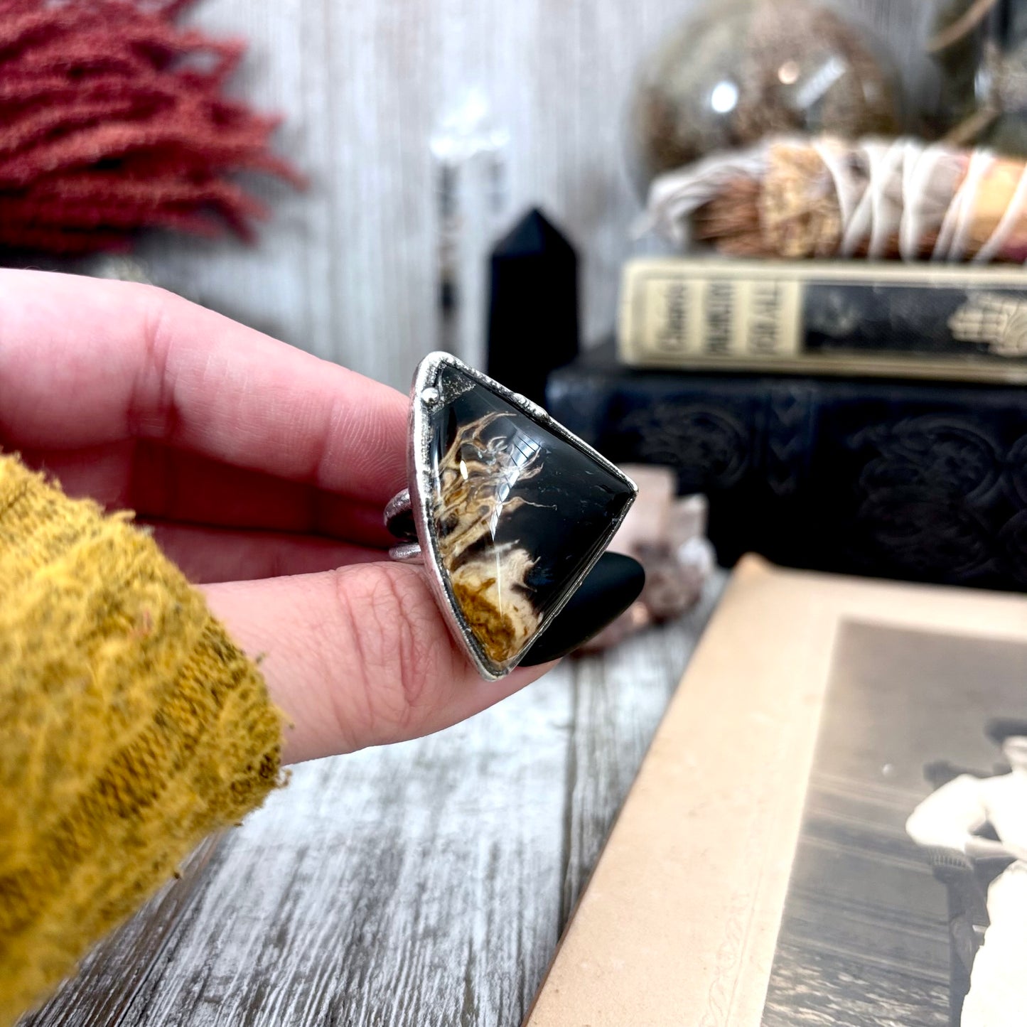 Fossilized Palm Root Crystal Ring Fine Silver Size 6.5 / Foxlark Collection - One of a Kind