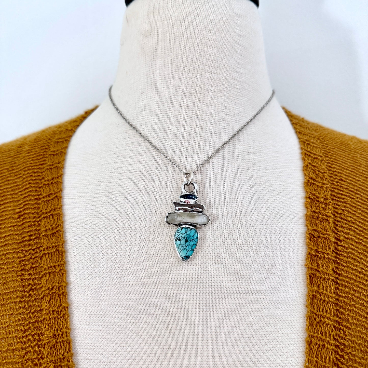 Multi Stone Blue Kyanite Raw Clear Quartz Turquoise Necklace Silver / Foxlark Collection