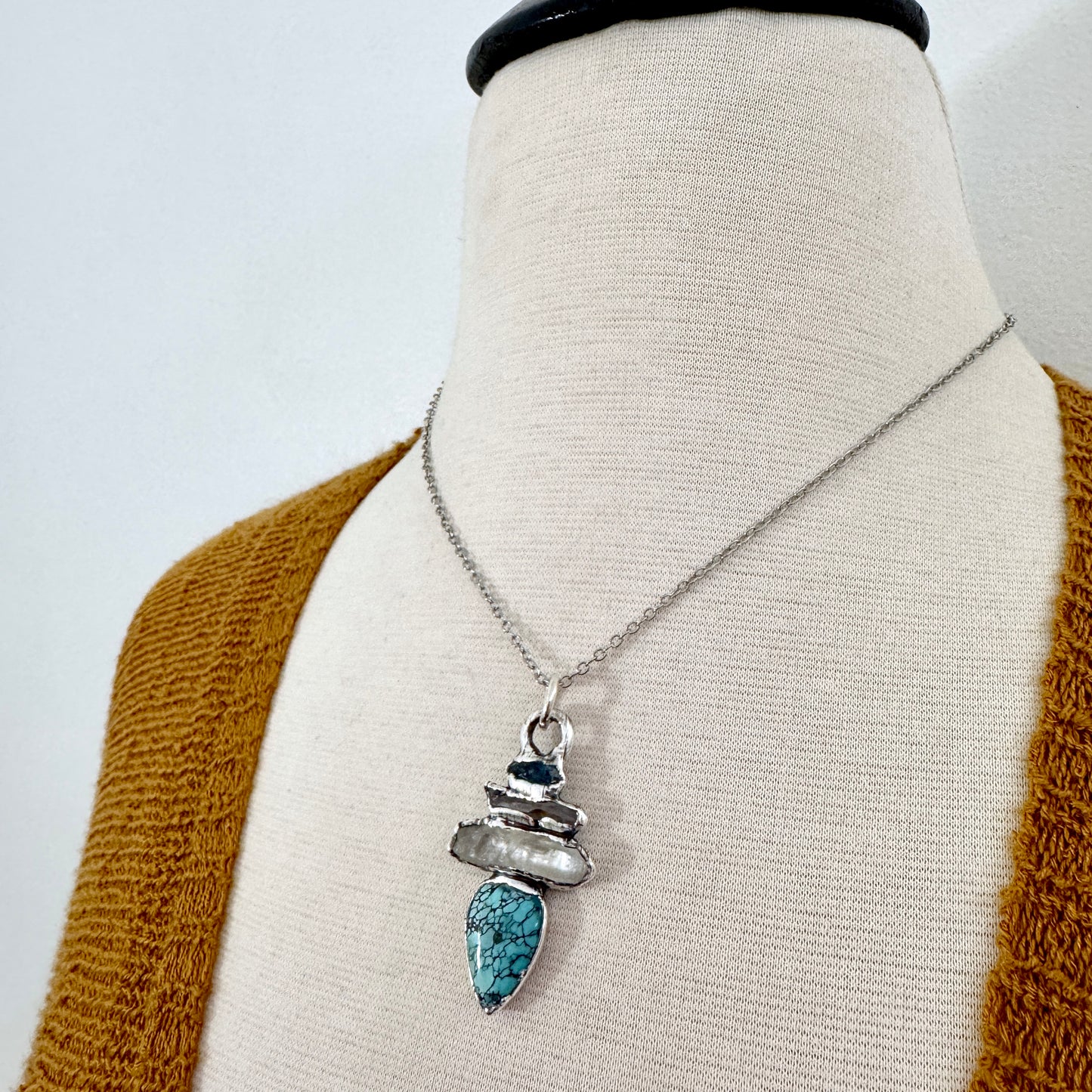Multi Stone Blue Kyanite Raw Clear Quartz Turquoise Necklace Silver / Foxlark Collection