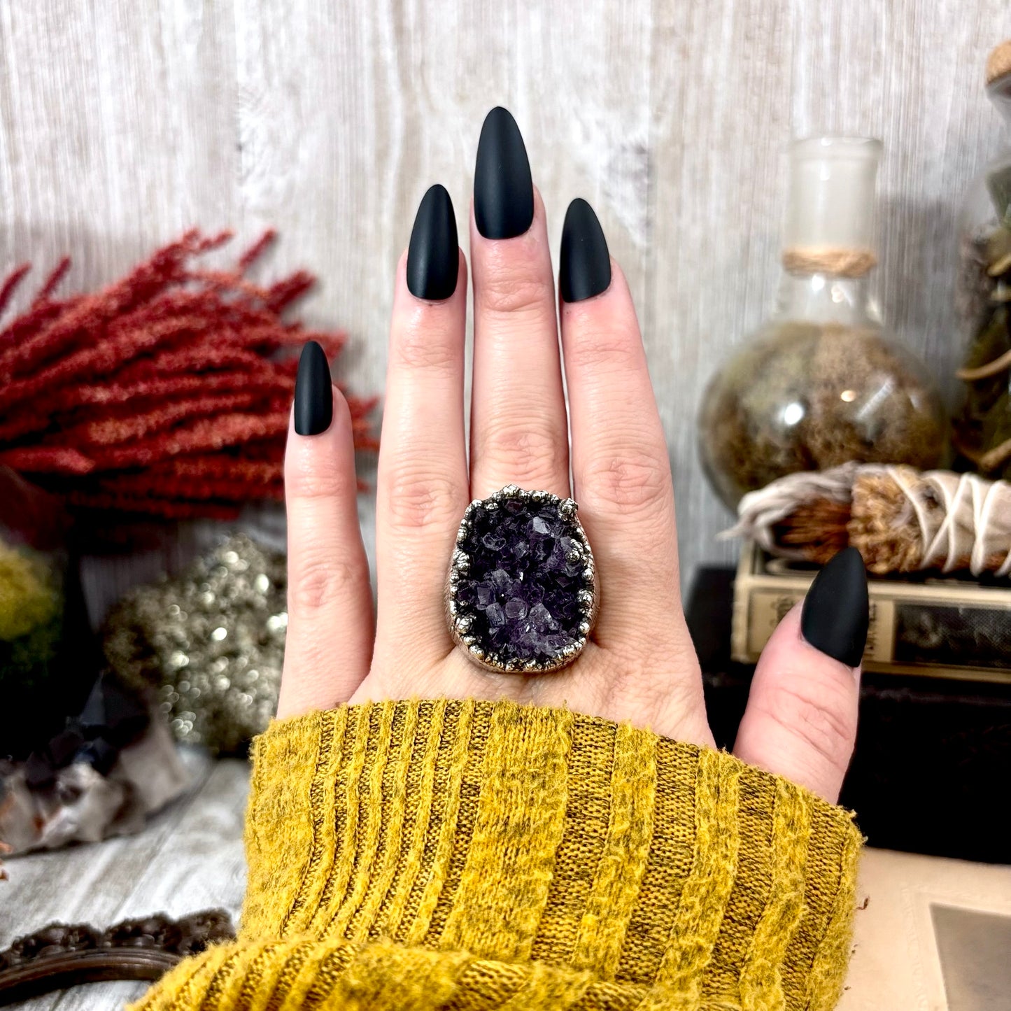 Raw Purple Amethyst Crystal Druzy Geode Ring in Fine Silver Size 8 / Foxlark Collection - One of a Kind