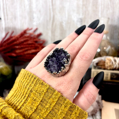 Raw Purple Amethyst Crystal Druzy Geode Ring in Fine Silver Size 8 / Foxlark Collection - One of a Kind