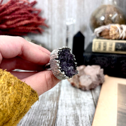 Raw Purple Amethyst Crystal Druzy Geode Ring in Fine Silver Size 8 / Foxlark Collection - One of a Kind