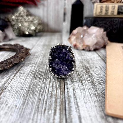 Raw Purple Amethyst Crystal Druzy Geode Ring in Fine Silver Size 8 / Foxlark Collection - One of a Kind