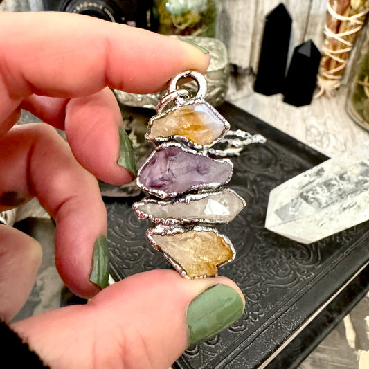 Multi Stone Raw Amethyst Citrine Clear Quartz Necklace Silver / Foxlark Collection