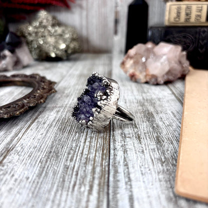 Raw Purple Amethyst Crystal Druzy Geode Ring in Fine Silver Size 8 / Foxlark Collection - One of a Kind
