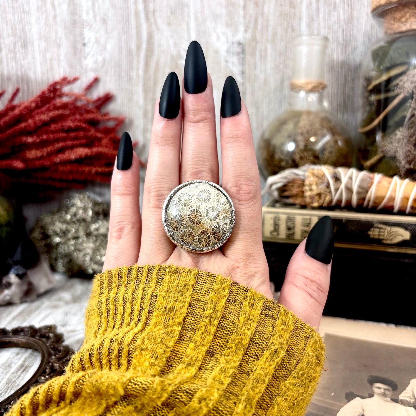 Fossilized Coral Crystal Ring Fine Silver Size 10/ Foxlark Collection - One of a Kind