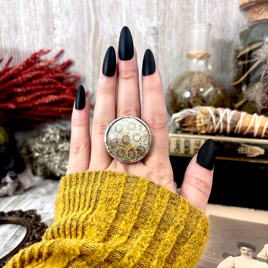Fossilized Coral Crystal Ring Fine Silver Size 10/ Foxlark Collection - One of a Kind