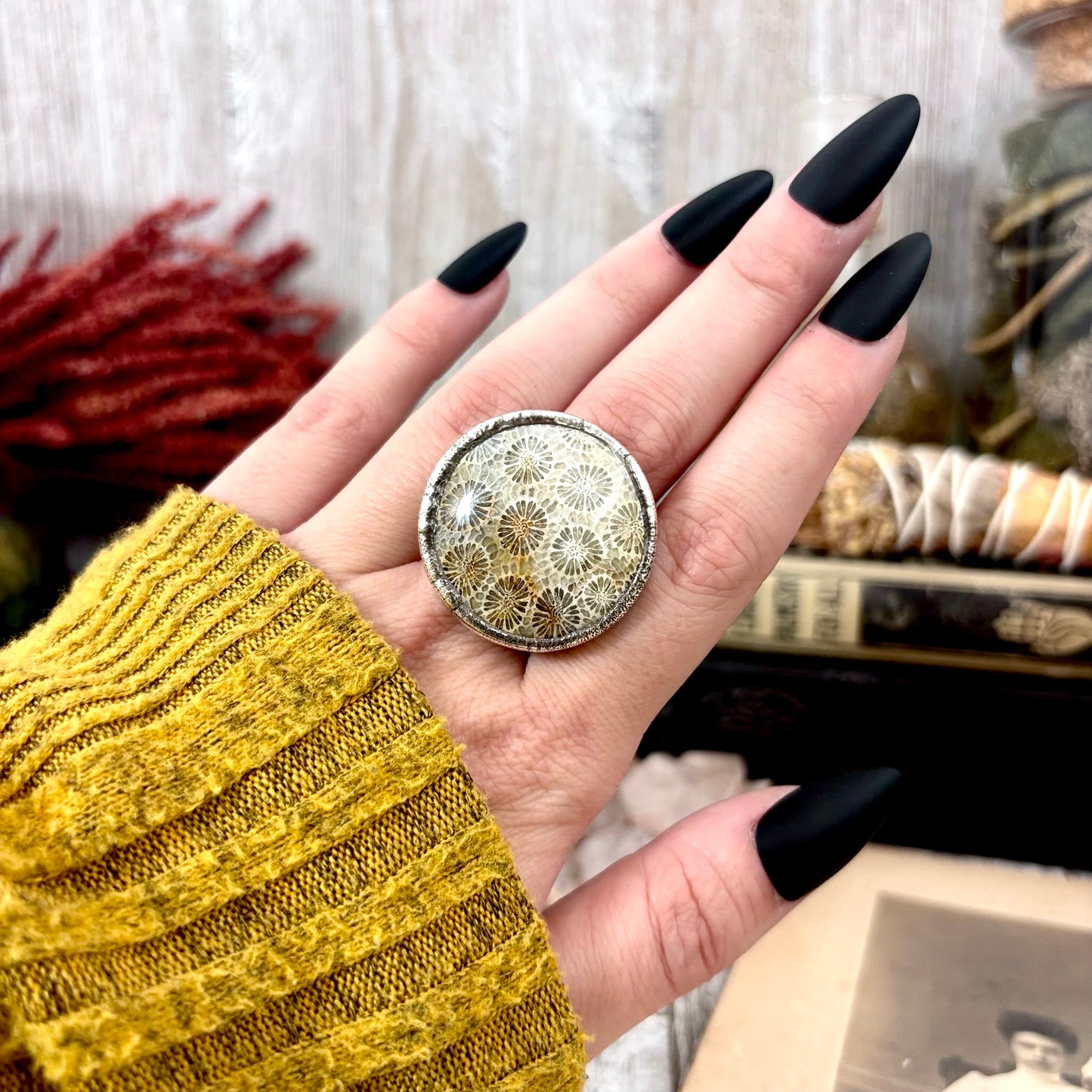 Fossilized Coral Crystal Ring Fine Silver Size 10/ Foxlark Collection - One of a Kind