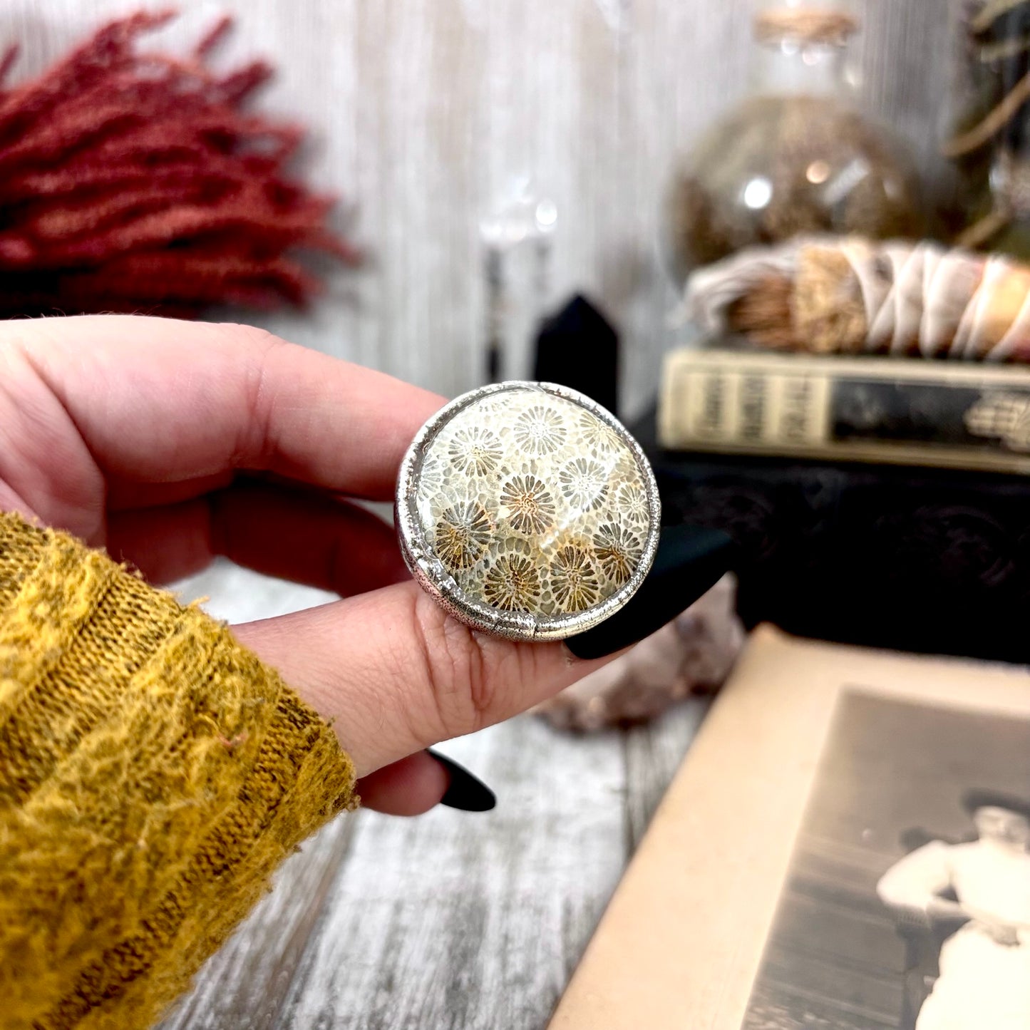 Fossilized Coral Crystal Ring Fine Silver Size 10/ Foxlark Collection - One of a Kind