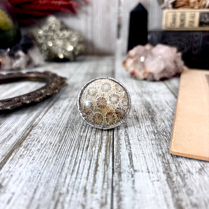 Fossilized Coral Crystal Ring Fine Silver Size 10/ Foxlark Collection - One of a Kind