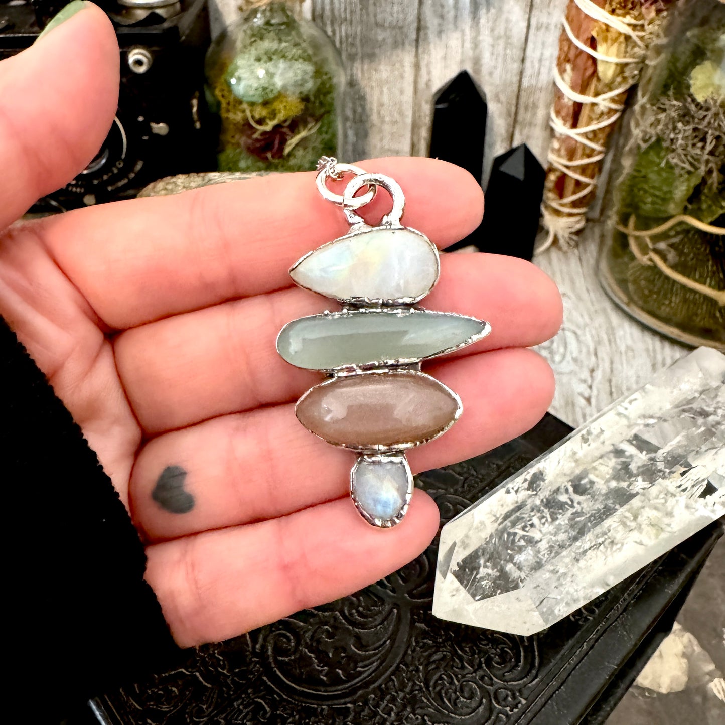 Multi Stone Rainbow Moonstone Chalcedony Peach Moonstone Necklace Silver / Foxlark Collection