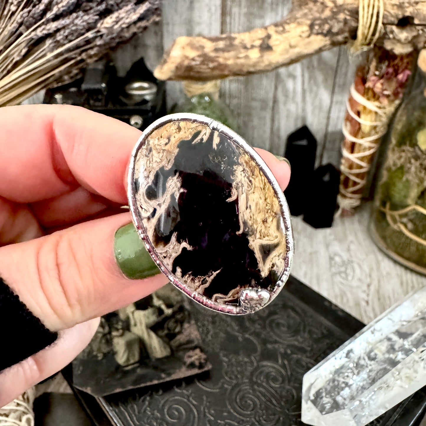 Fossilized Palm Root Crystal Ring Fine Silver Size 10 / Foxlark Collection - One of a Kind