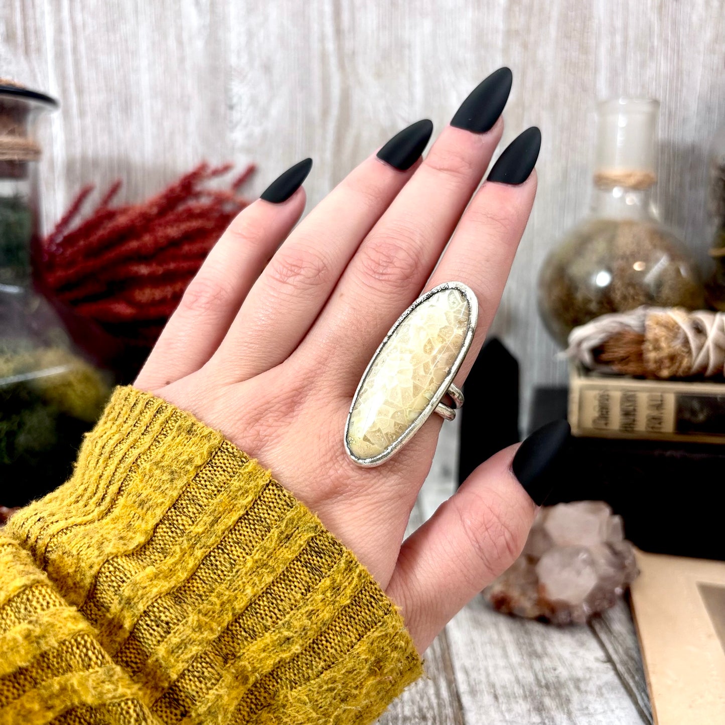 Fossilized Coral Crystal Ring Fine Silver Size 7.5 / Foxlark Collection - One of a Kind