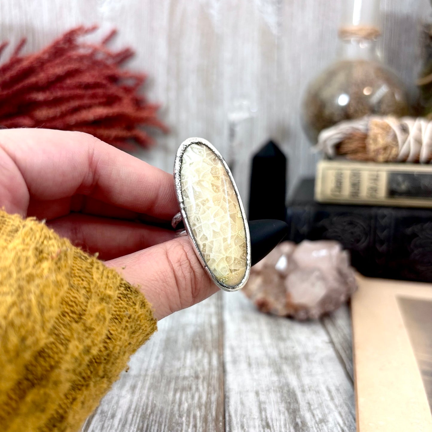 Fossilized Coral Crystal Ring Fine Silver Size 7.5 / Foxlark Collection - One of a Kind