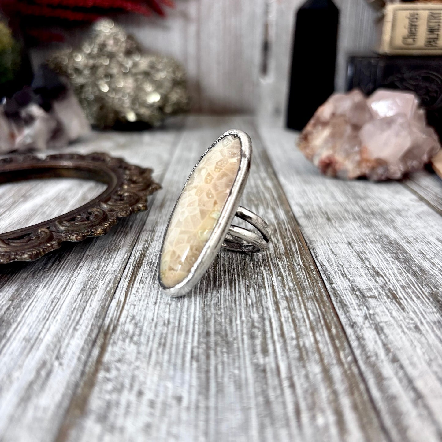 Fossilized Coral Crystal Ring Fine Silver Size 7.5 / Foxlark Collection - One of a Kind