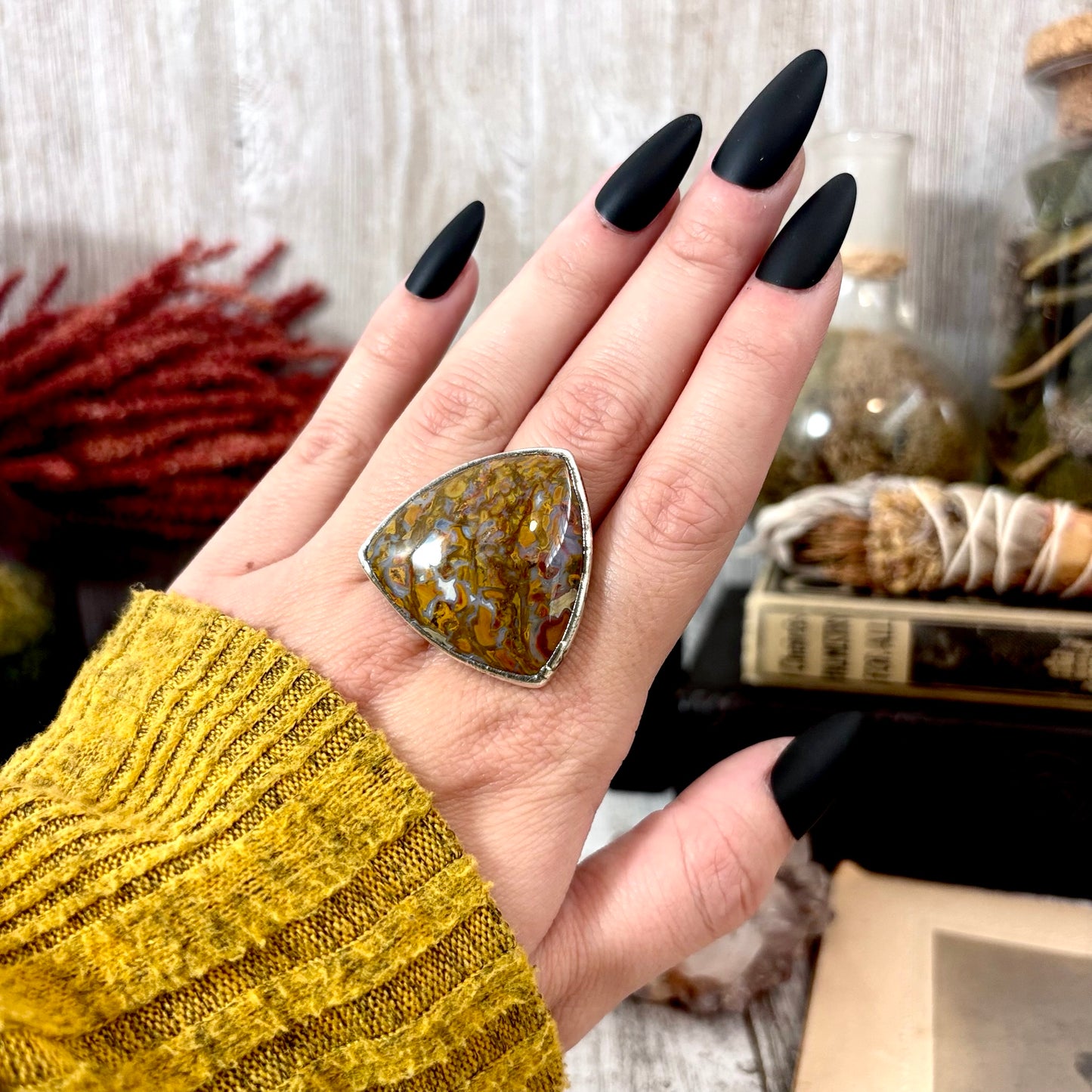 Petrified Wood Crystal Ring Fine Silver Size 9 / Foxlark Collection - One of a Kind