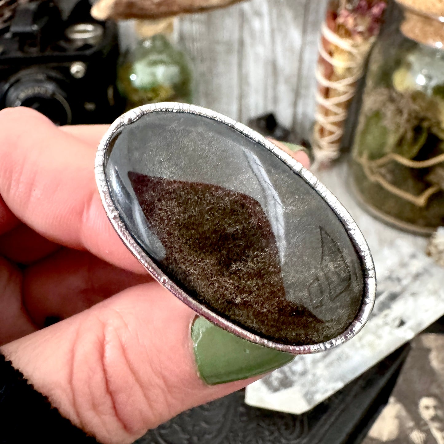 Golden Sheen Obsidian Crystal Ring Fine Silver Size 8.5 / Foxlark Collection - One of a Kind