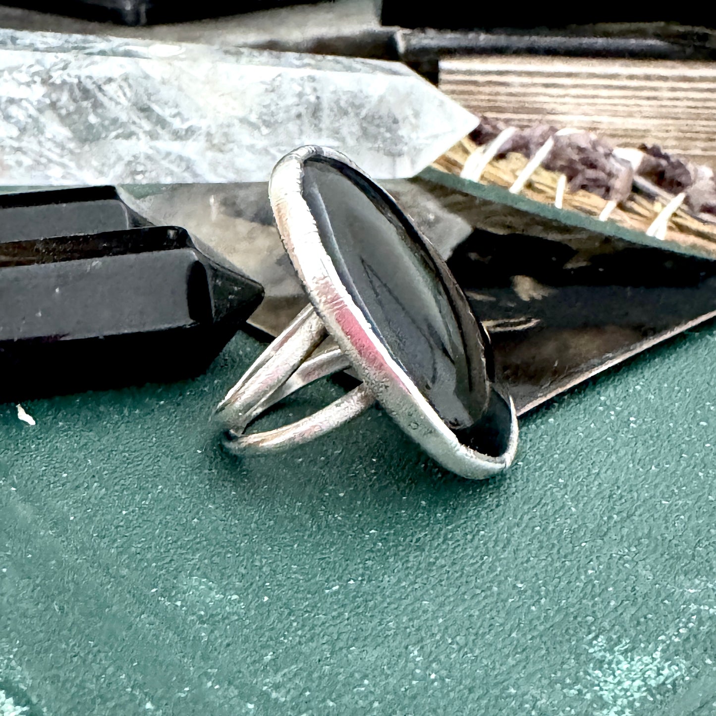 Black Obsidian Crystal Ring Fine Silver Size 7 / Foxlark Collection - One of a Kind