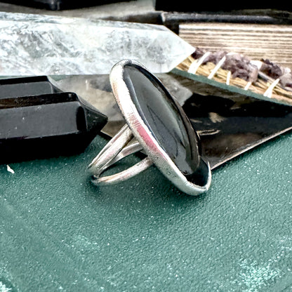 Black Obsidian Crystal Ring Fine Silver Size 7 / Foxlark Collection - One of a Kind
