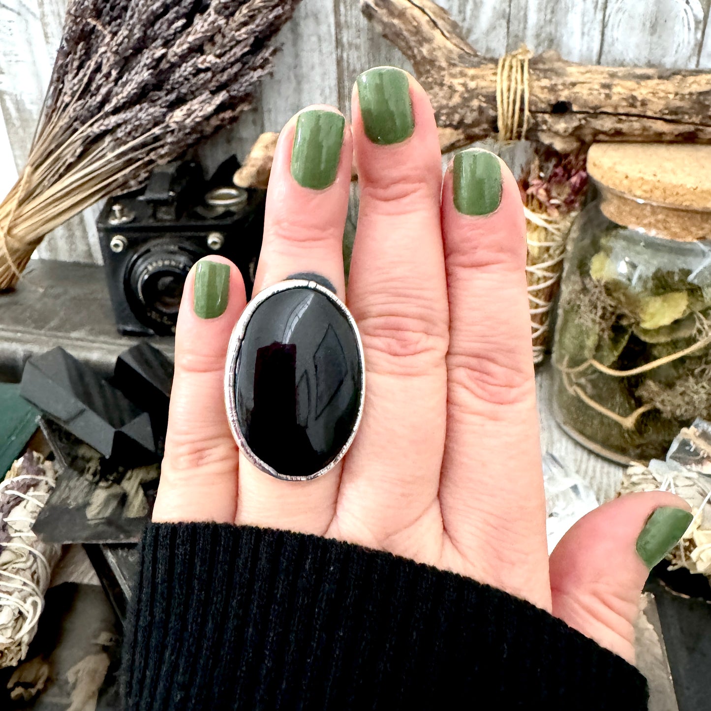 Black Obsidian Crystal Ring Fine Silver Size 7 / Foxlark Collection - One of a Kind