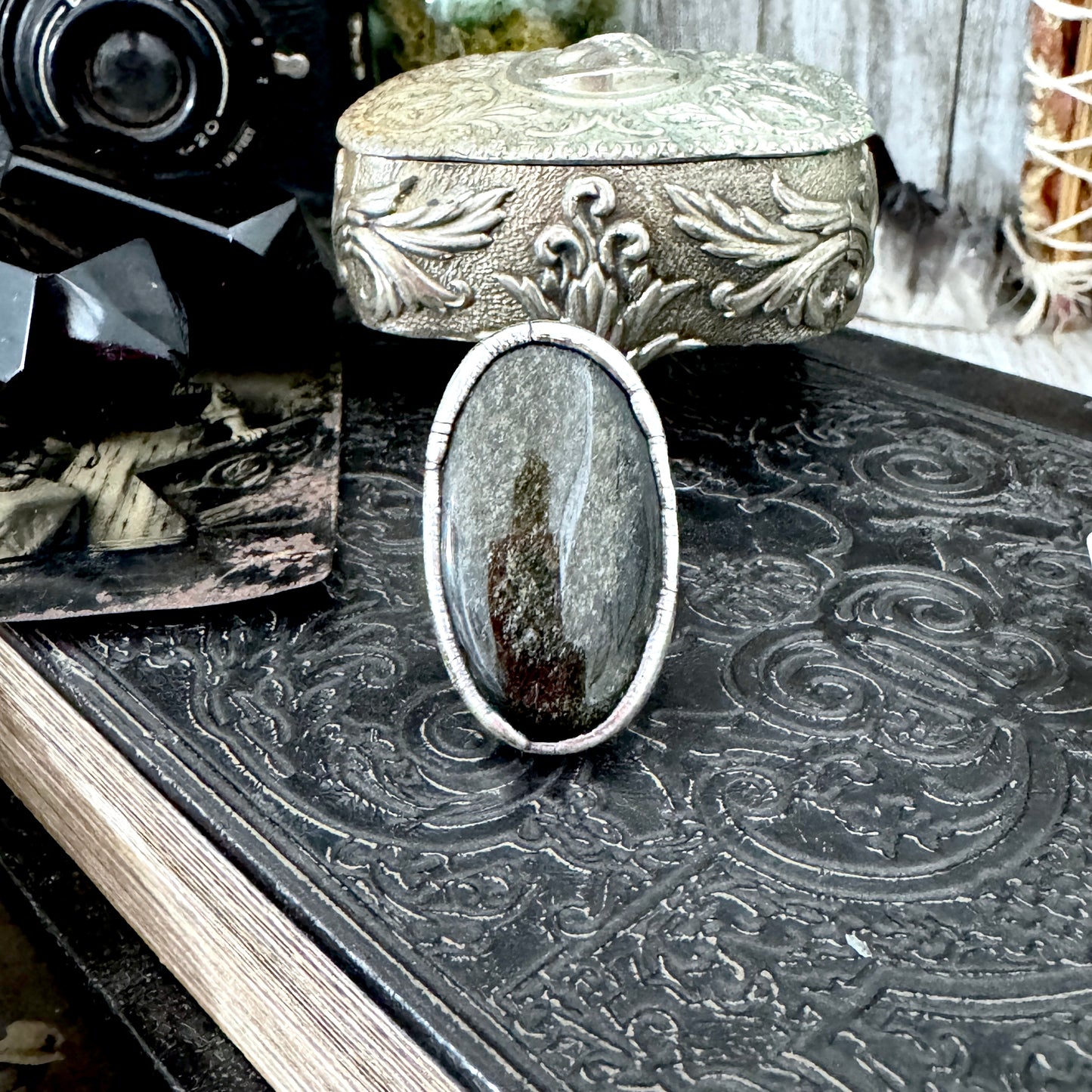 Golden Sheen Obsidian Crystal Ring Fine Silver Size 9 / Foxlark Collection - One of a Kind