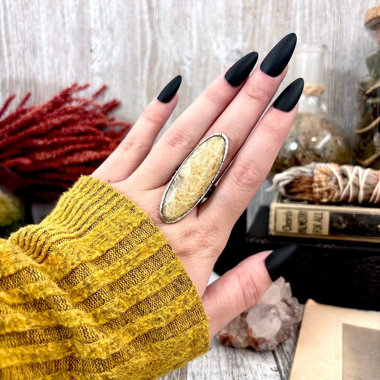 Fossilized Coral Crystal Ring Fine Silver Size 9 / Foxlark Collection - One of a Kind