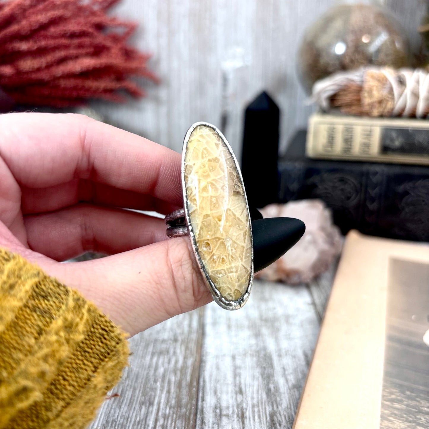 Fossilized Coral Crystal Ring Fine Silver Size 9 / Foxlark Collection - One of a Kind