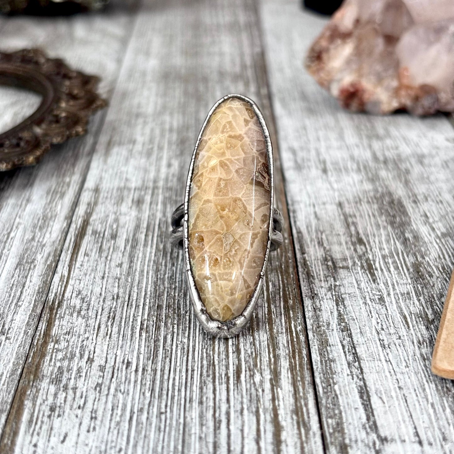 Fossilized Coral Crystal Ring Fine Silver Size 9 / Foxlark Collection - One of a Kind