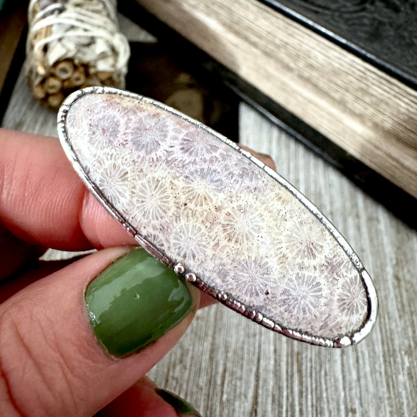 Fossilized Coral Crystal Ring Fine Silver Size 8.5 / Foxlark Collection - One of a Kind