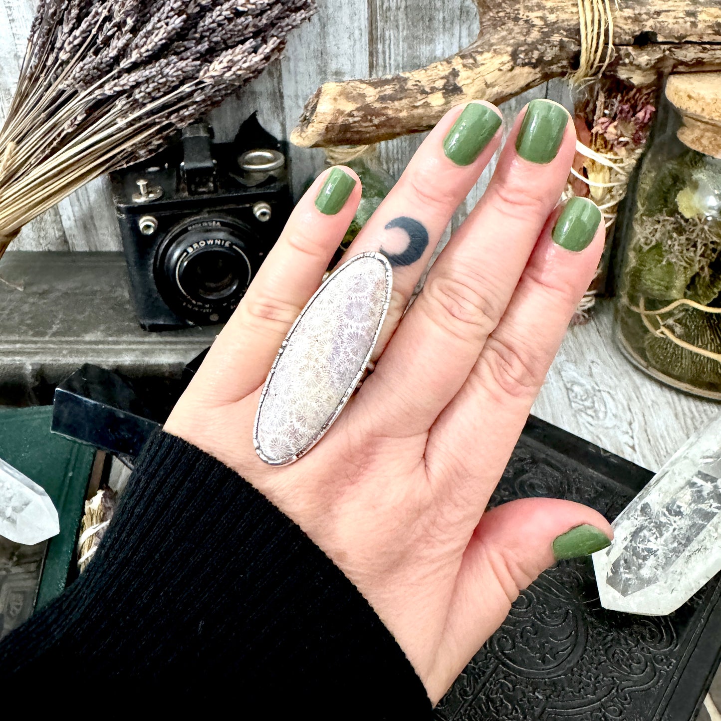 Fossilized Coral Crystal Ring Fine Silver Size 8.5 / Foxlark Collection - One of a Kind