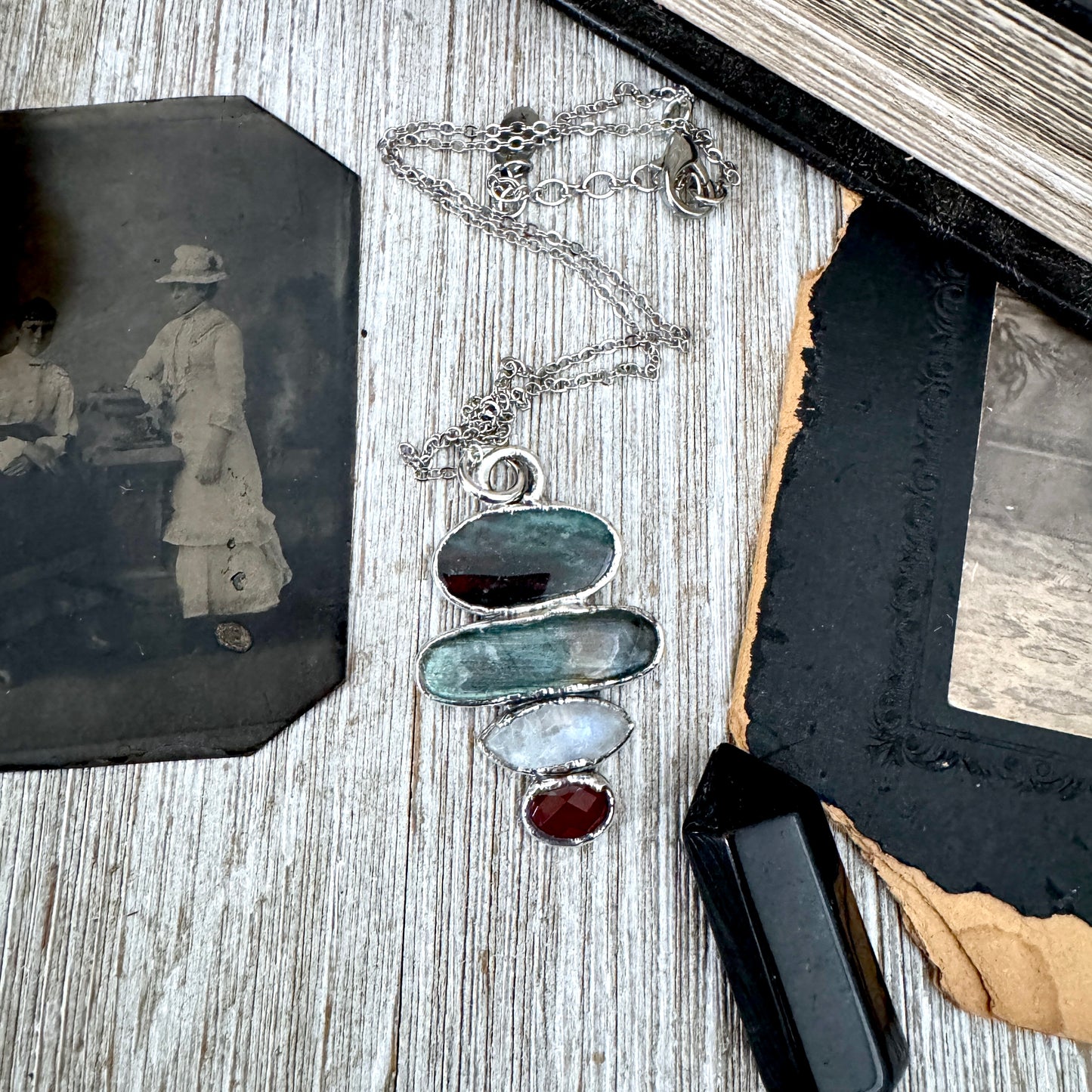 Multi Stone Bloodstone Labradorite Rainbow Moonstone Garnet Crystal Necklace Fine Silver / Foxlark Collection