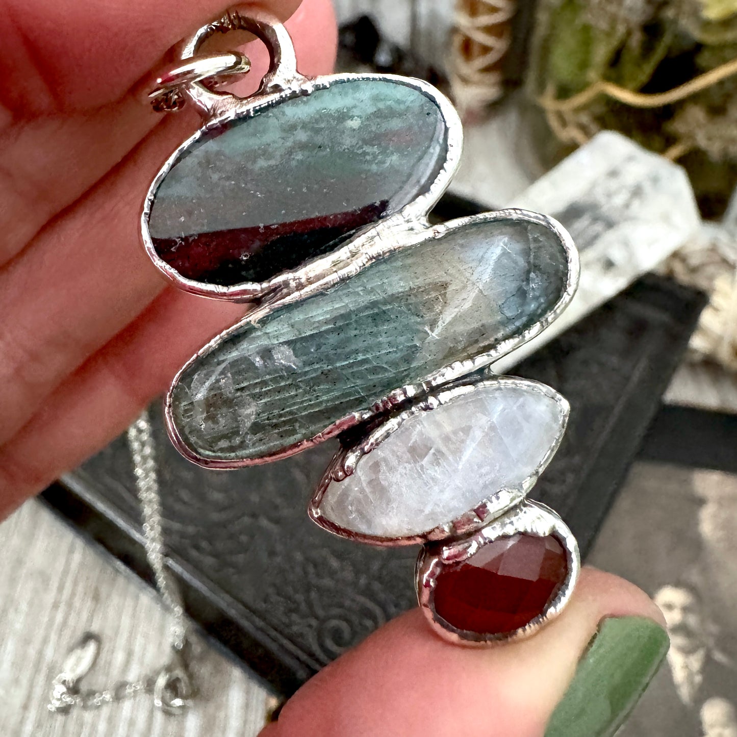 Multi Stone Bloodstone Labradorite Rainbow Moonstone Garnet Crystal Necklace Fine Silver / Foxlark Collection
