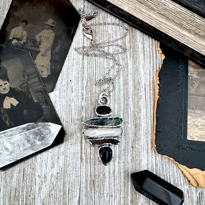 Multi Stone Garnet Moss Agate Raw Clear Quartz Raw Smoky Quartz Black Onyx Crystal Necklace Fine Silver / Foxlark Collection