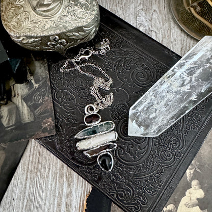 Multi Stone Garnet Moss Agate Raw Clear Quartz Raw Smoky Quartz Black Onyx Crystal Necklace Fine Silver / Foxlark Collection