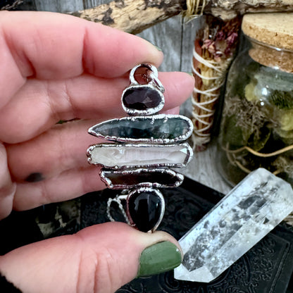 Multi Stone Garnet Moss Agate Raw Clear Quartz Raw Smoky Quartz Black Onyx Crystal Necklace Fine Silver / Foxlark Collection