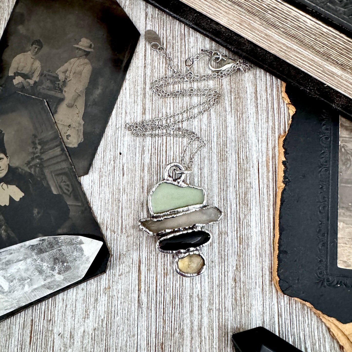 Multi Stone Green Sea Glass Raw Smoky Quartz Black Onyx Citrine Crystal Necklace Fine Silver / Foxlark Collection