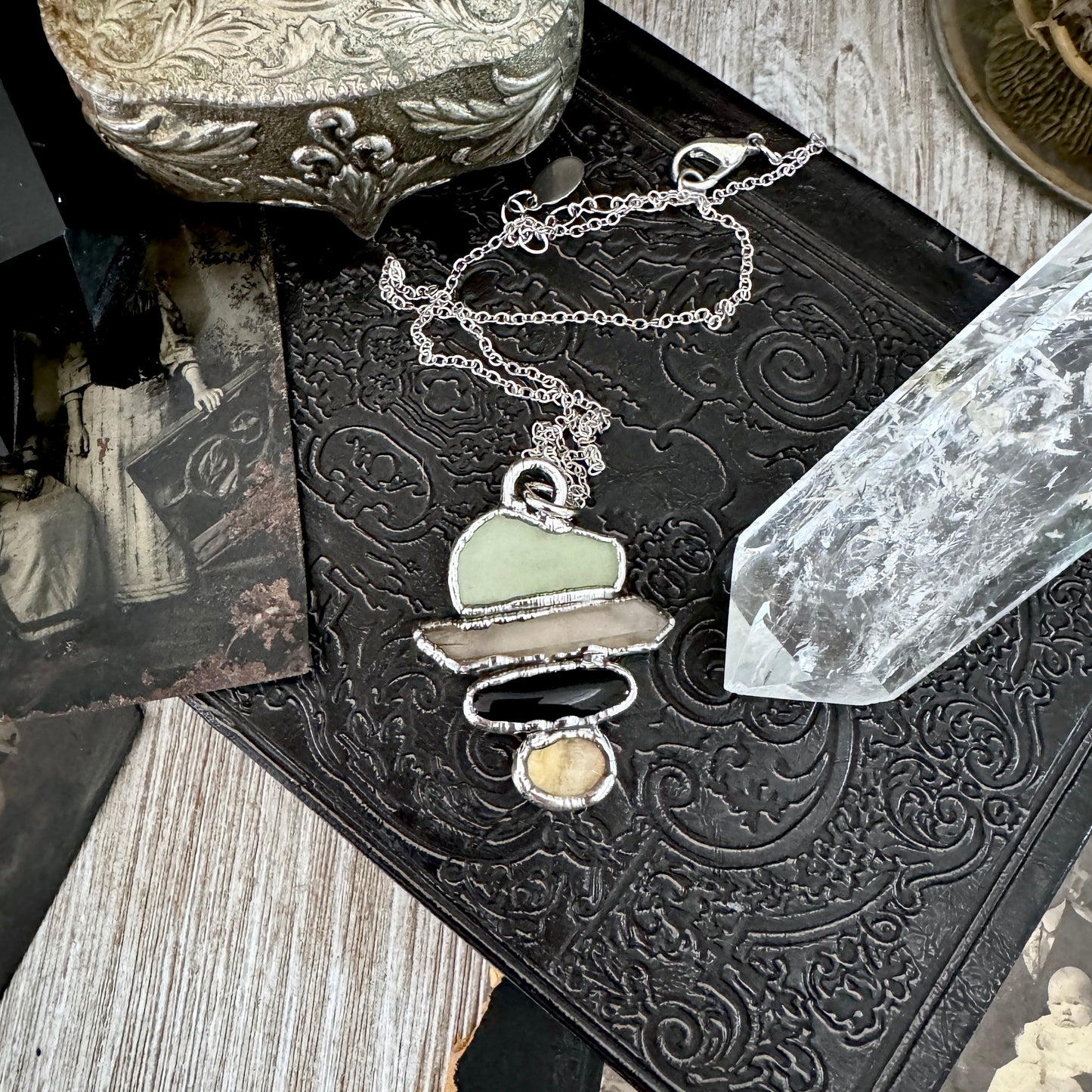 Multi Stone Green Sea Glass Raw Smoky Quartz Black Onyx Citrine Crystal Necklace Fine Silver / Foxlark Collection