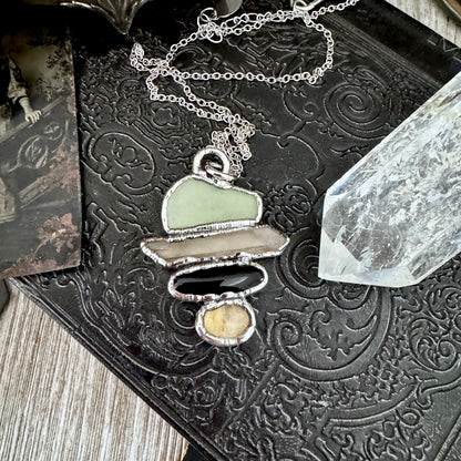 Multi Stone Green Sea Glass Raw Smoky Quartz Black Onyx Citrine Crystal Necklace Fine Silver / Foxlark Collection