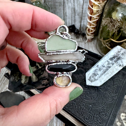Multi Stone Green Sea Glass Raw Smoky Quartz Black Onyx Citrine Crystal Necklace Fine Silver / Foxlark Collection