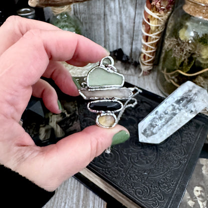Multi Stone Green Sea Glass Raw Smoky Quartz Black Onyx Citrine Crystal Necklace Fine Silver / Foxlark Collection