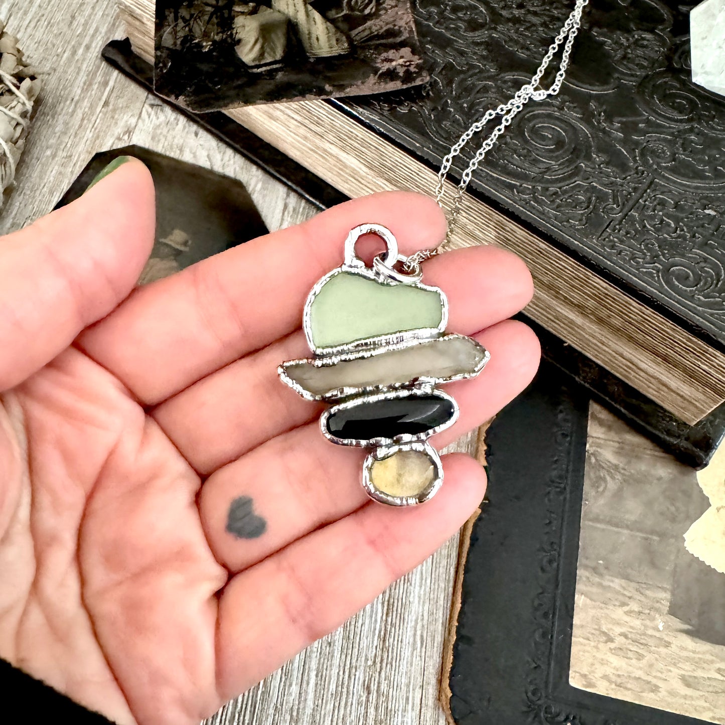 Multi Stone Green Sea Glass Raw Smoky Quartz Black Onyx Citrine Crystal Necklace Fine Silver / Foxlark Collection